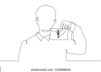 Continuous line art man holds a paper sheet with an exclamation mark. Warning, attention-grabbing, focus on detail. It can be used for animation. Vector