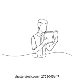 Continuous line art of a man intently reading a book, ideal for designs related to education, learning, intellectual pursuits, and personal growth Perfect for illustrating concepts of study and wisdom