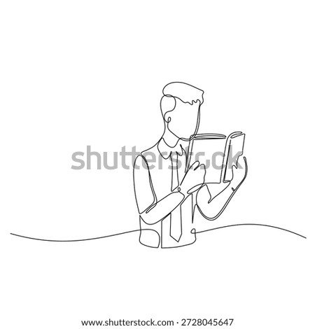Continuous line art of a man intently reading a book, ideal for designs related to education, learning, intellectual pursuits, and personal growth Perfect for illustrating concepts of study and wisdom