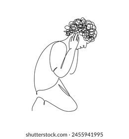 Continuous line art of a man kneeling and hands over ears with stress and anxiety in PTSD concept, editable stroke.