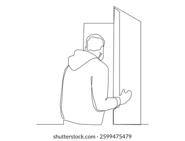 Continuous line art of the man leaves the room through the door.