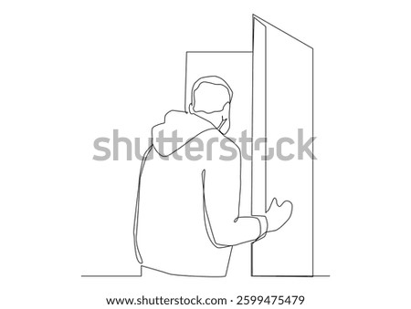 Continuous line art of the man leaves the room through the door.