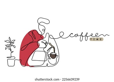 Continuous line art of a man making coffee. Coffee time concept art.