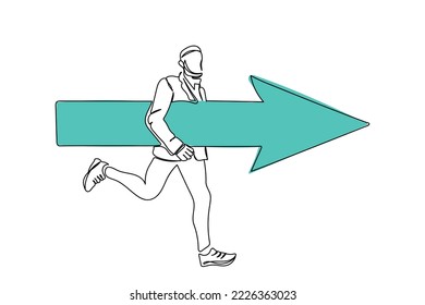 Continuous line art of a man moving forward in life. This is shown by an arrow heading in forward direction. Progress and success in corporate settings. Concept of progressive mindset. 