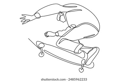 continuous line art of man riding skate and performing jump trick
