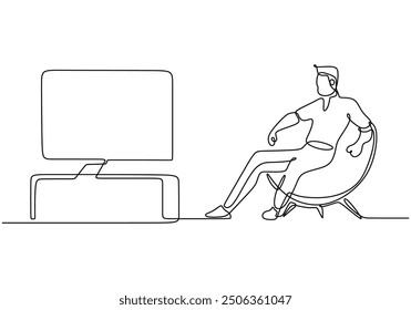 Arte de línea continua de un hombre sentado en el sofá y viendo la televisión en casa. Ilustración minimalista dibujada a mano de una sola línea.