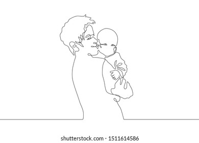 continuous line art man smiles and carefully holds the baby. Concept of family, happy parenthood, father's day. It can be used for animation.