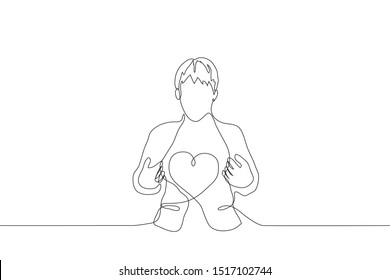 a continuous line of art a man is standing opening his jacket, inside of which is a heart. The concept of an open heart, kindness, empathy, support, comfort. It can be used for animation. Vector.