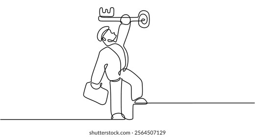 Continuous line art of a man with a suitcase and a key. Depicting readiness, preparation, and embracing new opportunities for growth. Vector illustration minimalist hand drawn.