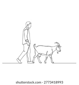 Continuous line art man walking goat, shepherd sketch.