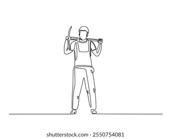 Continuous line art of miner holding pickaxe for digging. Outline drawing of man working with pickaxe. editable stroke design