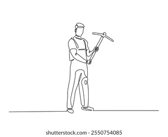 Continuous line art of miner holding pickaxe for digging. Outline drawing of man working with pickaxe. editable stroke design