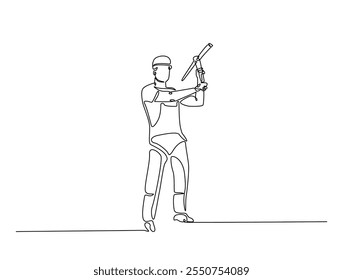 Continuous line art of miner holding pickaxe for digging. Outline drawing of man working with pickaxe. editable stroke design