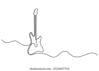 Continuous line art minimalist design concept sleek electric guitar body with a wavy musical vibrations line.