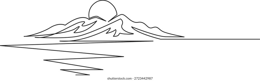 Projeto minimalista de arte de linha contínua de um nascer do sol de montanha com um disco de sol atrás dos picos para meditação matinal