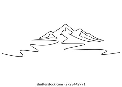 Concepto de diseño minimalista de un pico de montaña aislado con un río serpenteante que fluye a través del primer plano