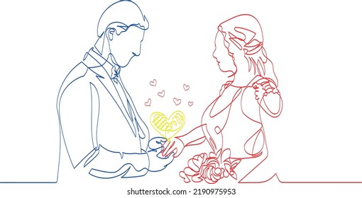 Continuous line art minimalist vector wedding exchanging rings and vows romantic wedding holding hands together showing love