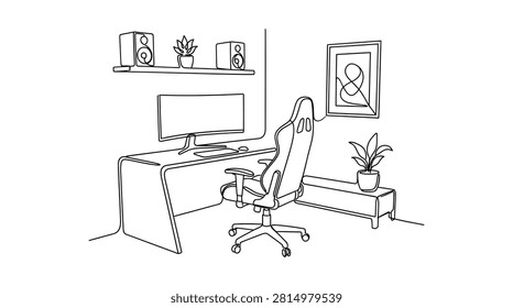 Continuous Line Art of Modern Home Office Gaming Setup with Desk Chair and Computer Monitor