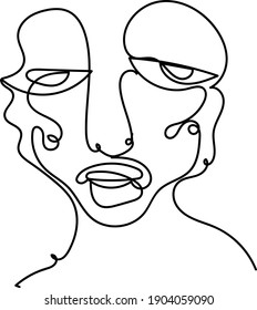 Arte de línea continuo. Un afiche moderno con una cara astracta lineal. Caras surrealistas.