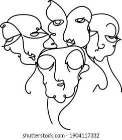 Continuous line art. A modern poster with a linear astract face. Surreal faces.
