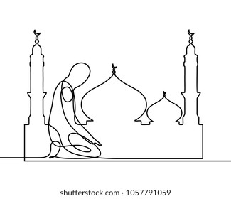 Continuous line art mosque and prayer. Islamic theme for Ramadan.