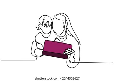 Continuous line art of a mother and her little cute girl watching cartoons on tablet together.