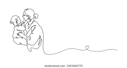 Continuous Line Art of Motherhood, Carry baby, Happy Mother day card, one line drawing, parent and child silhouette hand drawn. Vector illustration