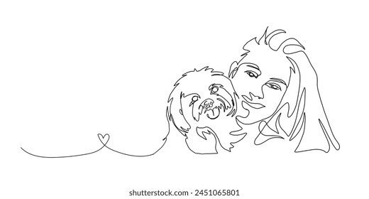 Línea continua de arte de la maternidad, mamá perro, tarjeta del día de la madre feliz, dibujo de una línea, silueta de padres e hijos dibujada a mano. Ilustración vectorial