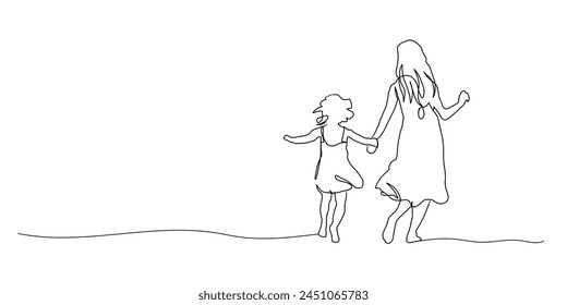 Continuous Line Art of Motherhood, Happy Mother day card, one line drawing, parent and child silhouette hand drawn. Vector illustration