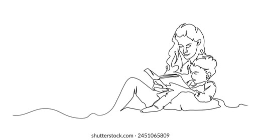 Kontinuierliche Linie Kunst der Mutterschaft, Lesebuch, Happy Mother Day Karte, eine Linie Zeichnung, Eltern-und Kind-Silhouette Hand gezeichnet. Vektorillustration