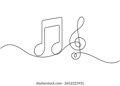 Continuous line art of music symbols and notes isolated on white background