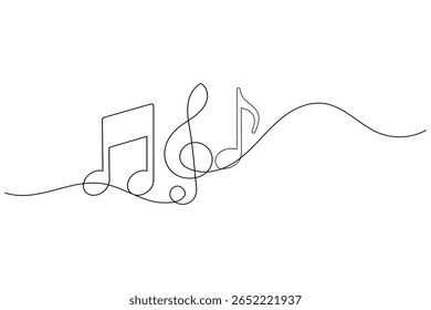 Continuous line art of music symbols and notes isolated on white background