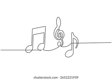 Continuous line art of music symbols and notes isolated on white background