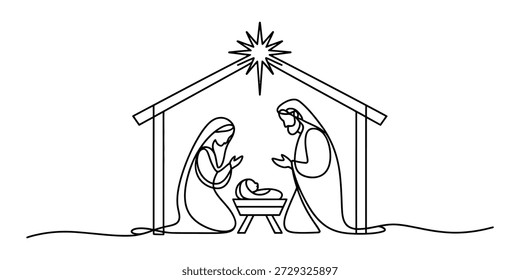 Continuous line art nativity scene with mary, joseph, and baby jesus in a stable Vector, illustration