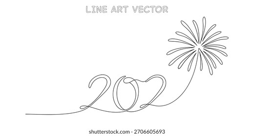 Arte de línea continua del número 2026 con un estallido de fuegos artificiales que representa la celebración de año nuevo