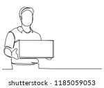 Continuous line art or One Line Drawing of 
 delivery man  standing with parcel post