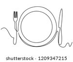 	
Continuous line art or One Line Drawing of plate, khife and fork. linear style and Hand drawn Vector illustrations