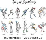 Continuous line art one line drawing Types of Superheroes elementalist, martial art, armored, blaster, tank, parents, speedster, mage, marksman, mentalist, paragon, parents