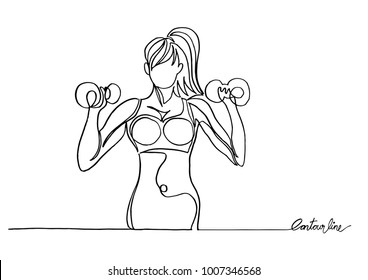 Continuous line art or One Line Drawing of woman with dumbbell.- Vector Illustration