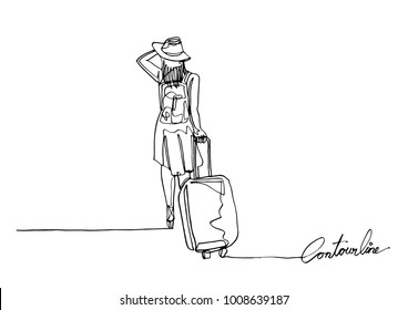 Continuous line art or One Line Drawing of traveler walking rolling bag on wheels.- Vector illustration