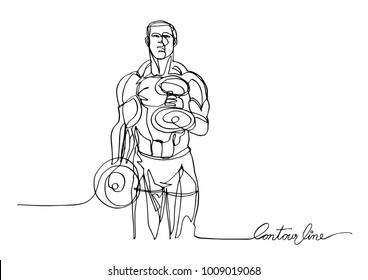 Continuous line art or One Line Drawing of a Strong Athletic Guy Lifting Weights.- Vector illustration
