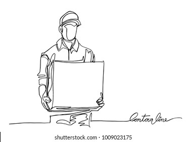 Continuous line art or One Line Drawing of deliveryman .- Vector illustration
