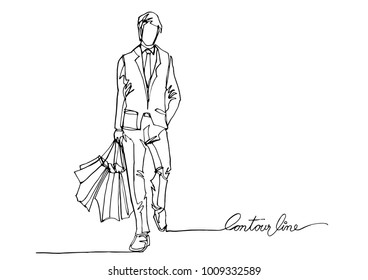 Continuous line art or One Line Drawing of shopping man with bags.-Vector Illustration