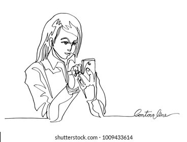Continuous line art or One Line Drawing of  woman making photo with smartphone.-Vector Illustration