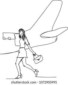 Continuous line art or One Line Drawing of girl and airplane. Vector Illustration. Woman tourist getting out of airplane at airport. Tourism concept