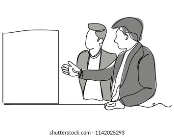 Continuous line art or One Line Drawing of a male businessman is meeting a business man is growing up. Write a conference record
Hand drawn vector illustrations