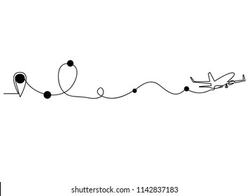 Continuous line art or One Line Drawing of  Airplane line path vector of air plane flight route with start point 