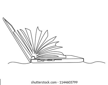 Continuous line art or one line drawing of a book on a computer. Vector illustration of modern education and technology.