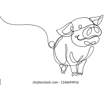 Continuous line art or One Line Drawing of pig.- Vector Illustration