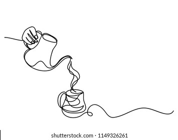 Continuous line art or One Line Drawing of Coffee is poured into a glass